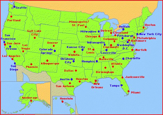 USA map. America's major cities [Graphic: Enchanted Learning]